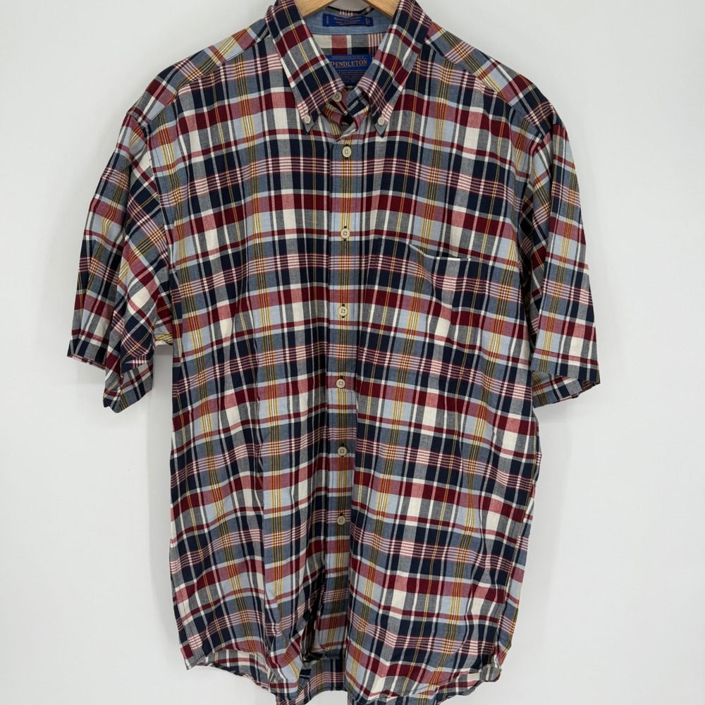 Pendleton Seaside Shirt Mens Large Red Navy Blue Plaid Cotton Preppy Heritage